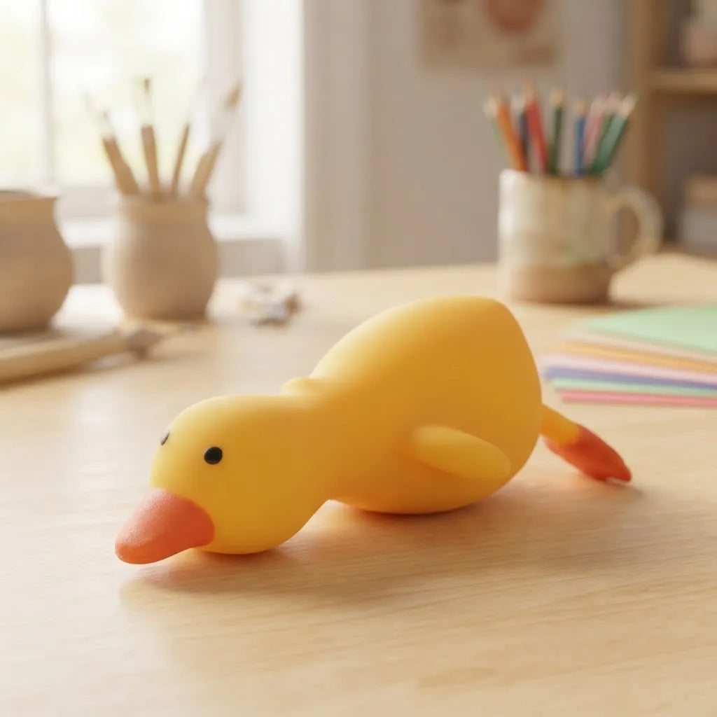 Squishy Pato Volador sobre un escritorio con lápices