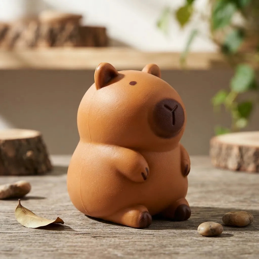 Squishy Capibara sobre una mesa de madera