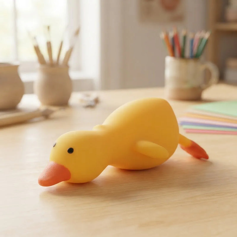 Squishy Pato Volador sobre un escritorio con lápices