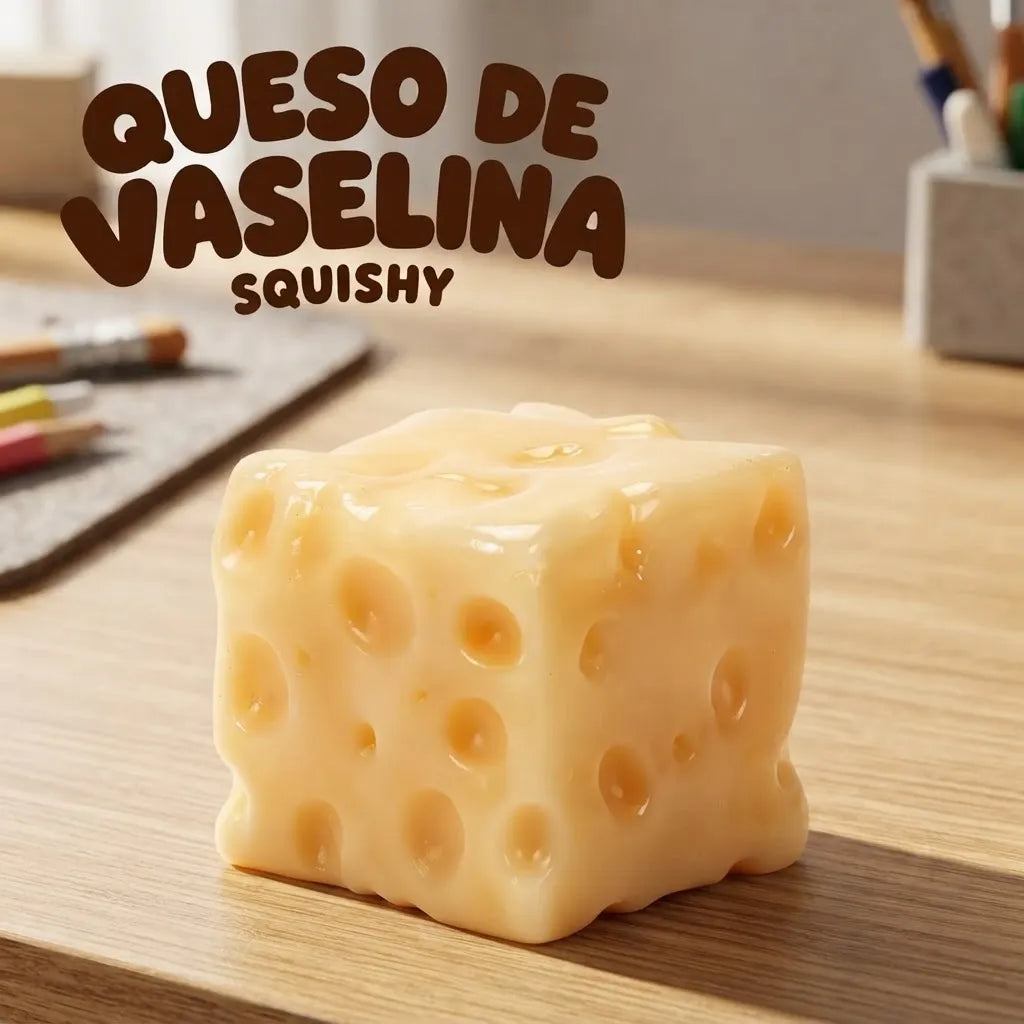 Squishy Queso Vaselina amarillo sobre un escritorio de madera