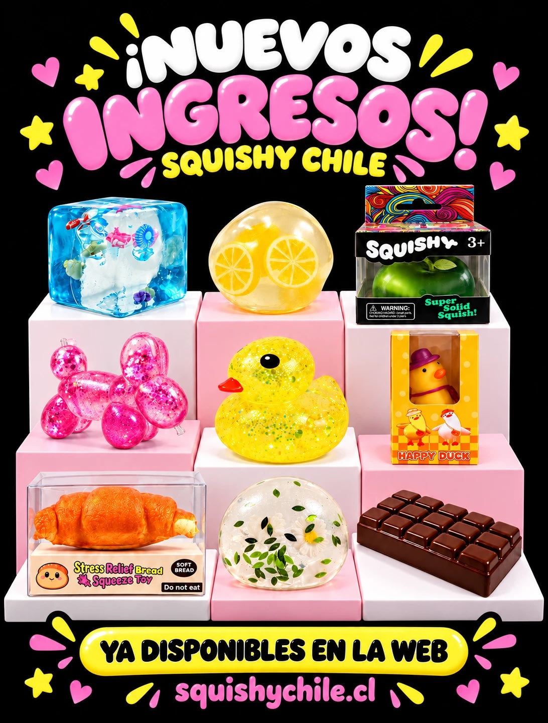 Diseño de nuevos ingresos de Squishy Chile con dumpling, perro globo, patito, medialuna y chocolate