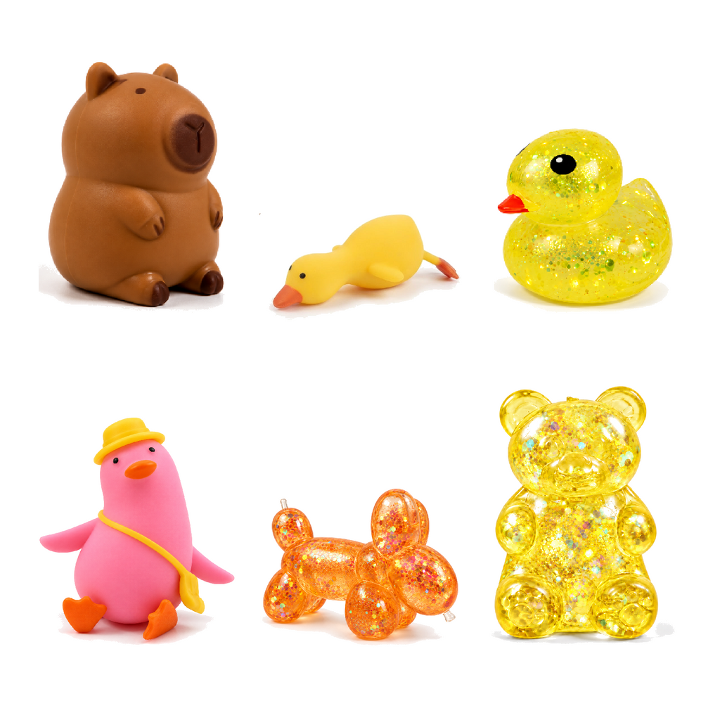 Squishy Box Animal Lover Grande Rosado / Naranjo / Amarillo — productos originales sobre fondo blanco