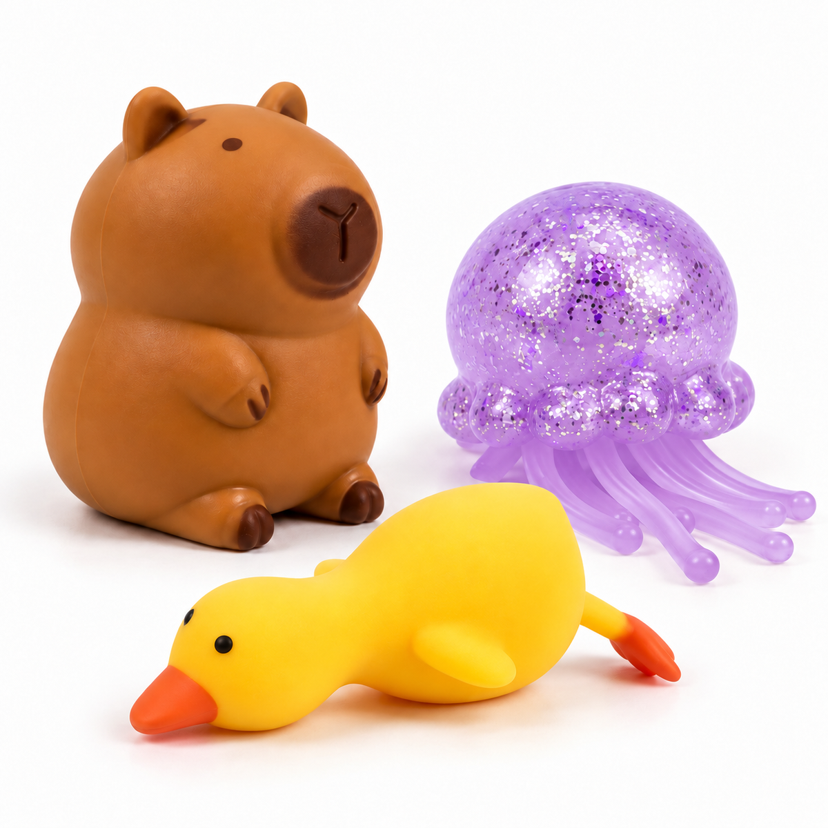 Animal Lover Morado · capibara, patito y medusa glitter morada