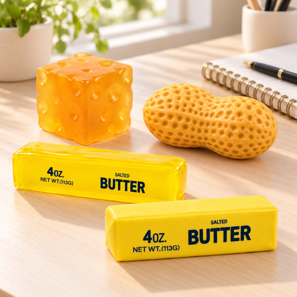 Squishy Box Foodie Mix en contexto de escritorio con cuatro piezas intactas