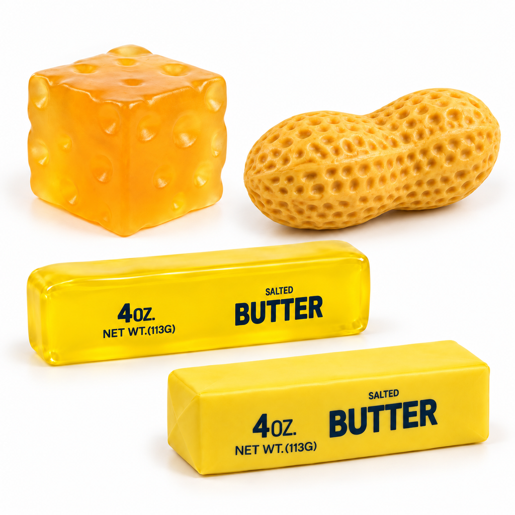 Portada ecommerce Squishy Box Foodie Mix, cuatro productos intactos sobre blanco