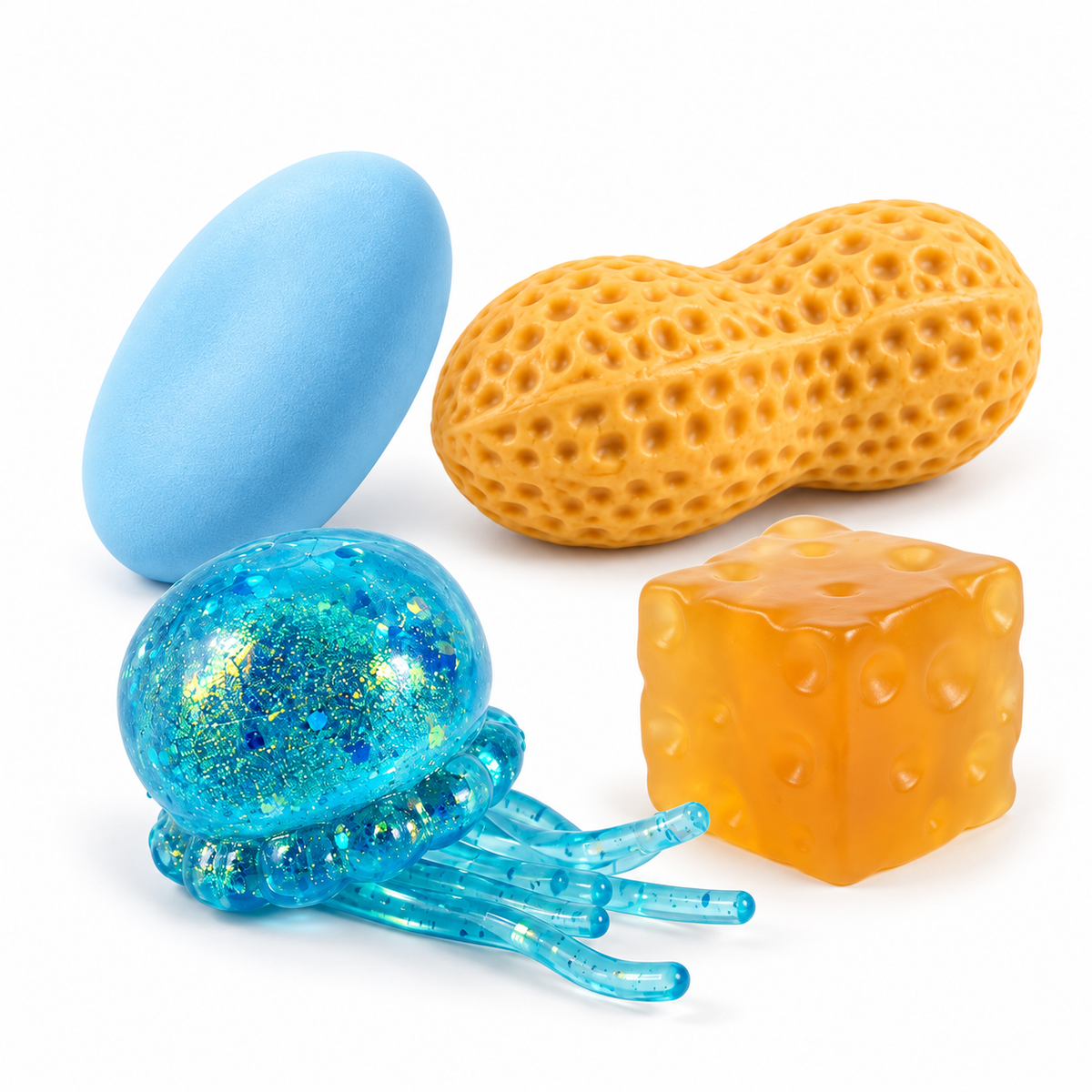 Portada ecommerce Squishy Box Crunchy & Gel con jabón azul, peanut, medusa glitter azul y queso cubo