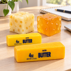 Squishy Box Cheese & Butter completa en contexto de escritorio, con sus cuatro productos intactos
