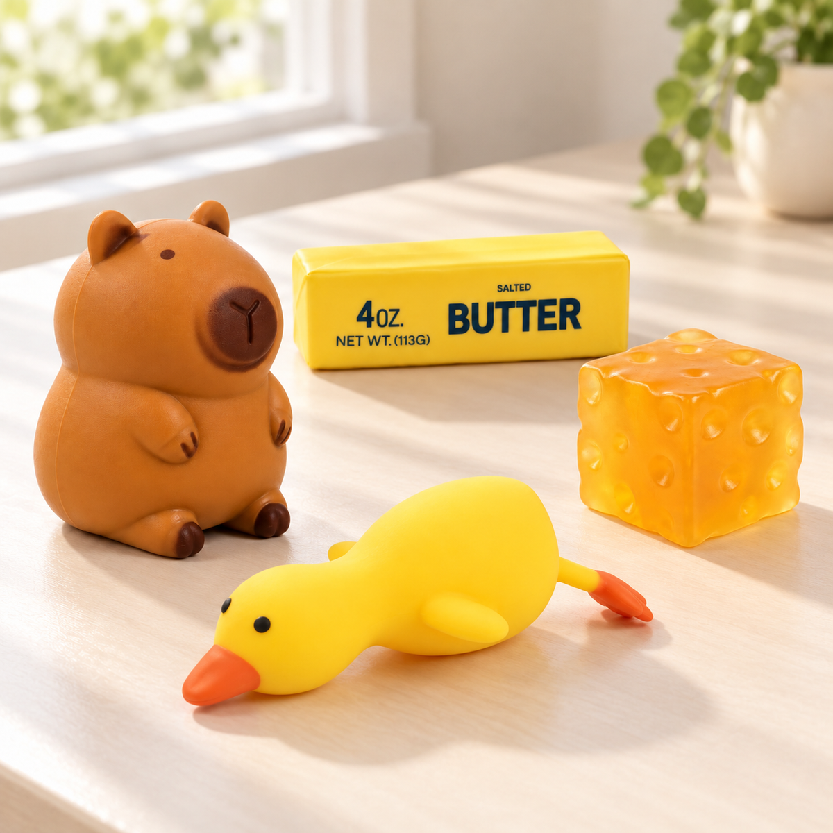 Squishy Box Inicial Plus en escritorio, con sus cuatro productos intactos
