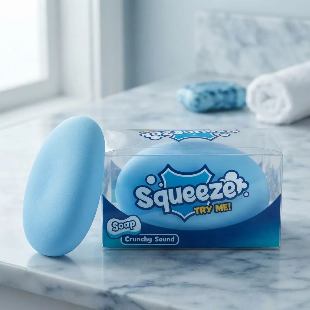 Squishy Jabón Crunchy azul extra crunchy y aromático sobre un mesón de mármol junto a su caja