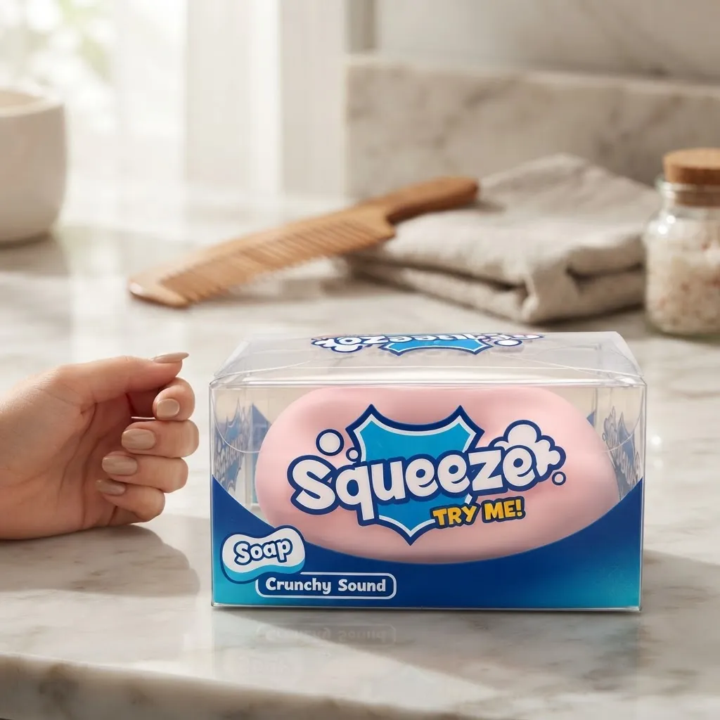 Squishy Jabón Crunchy rosado en su caja sobre un mesón de mármol