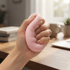 Squishy Jabón Crunchy rosado apretado en una mano sobre un escritorio