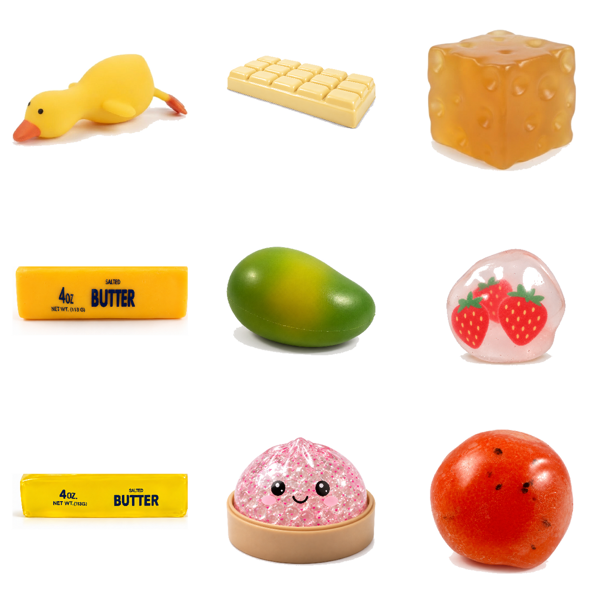 Squishy Box Rellenos completo de 9 productos: fruta Frutilla y Chocolate Amarillo