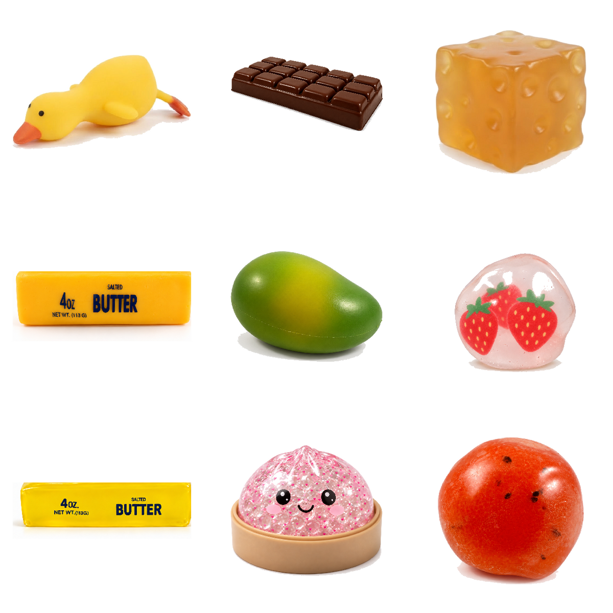Squishy Box Rellenos completo de 9 productos: fruta Frutilla y Chocolate Café