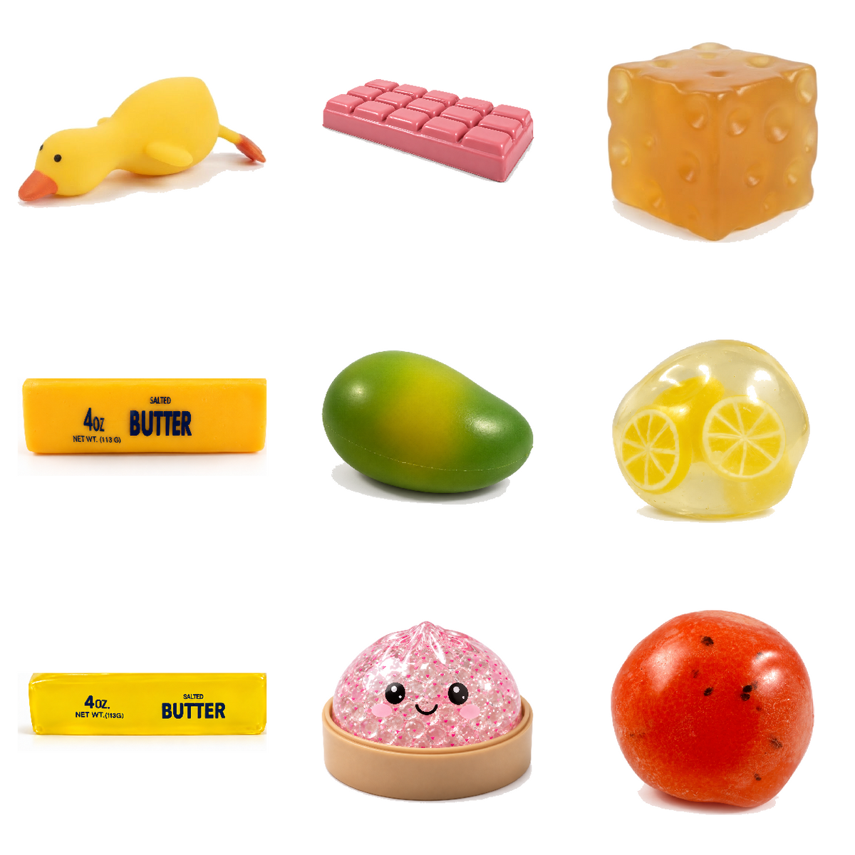 Squishy Box Rellenos completo de 9 productos: fruta Limón y Chocolate Rosado