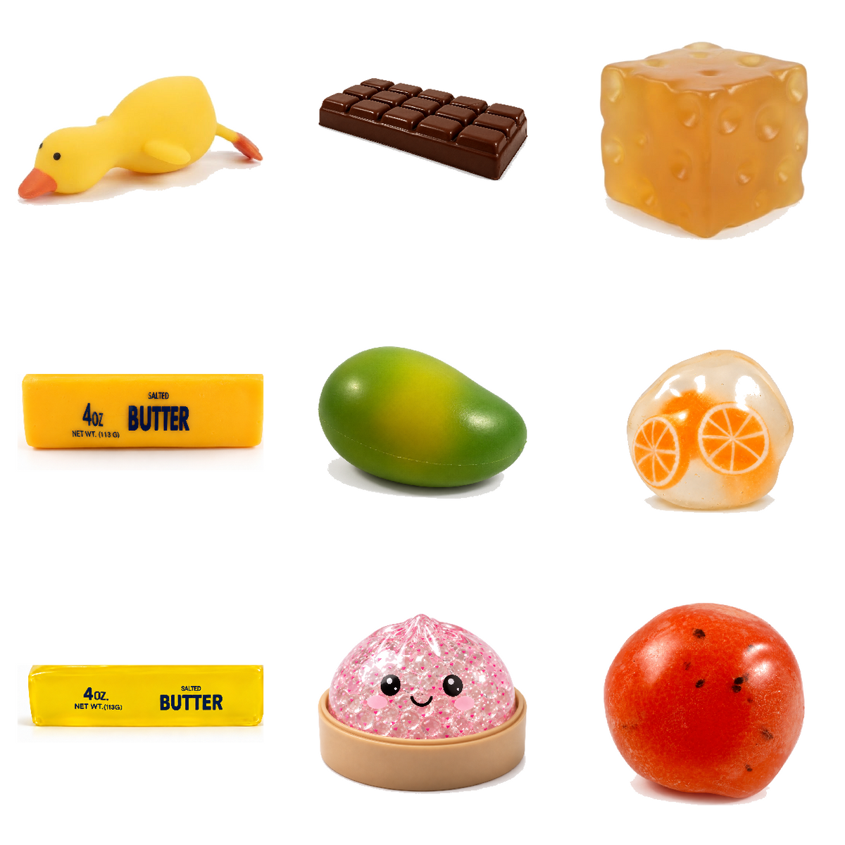 Squishy Box Rellenos completo de 9 productos: fruta Naranja y Chocolate Café