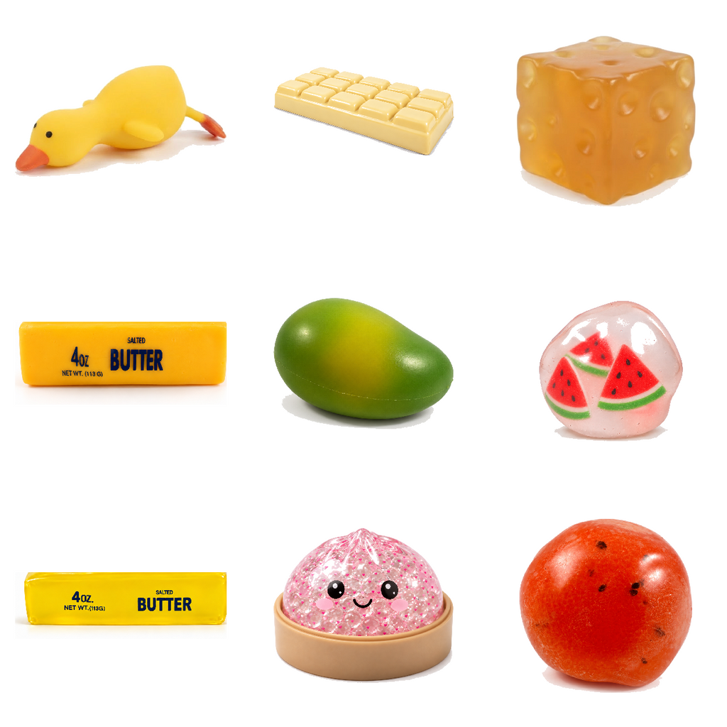 Squishy Box Rellenos completo de 9 productos: fruta Sandía y Chocolate Amarillo