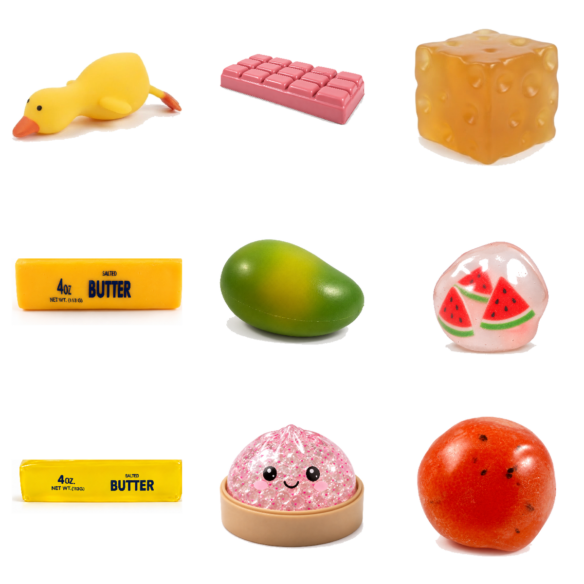 Squishy Box Rellenos completo de 9 productos: fruta Sandía y Chocolate Rosado