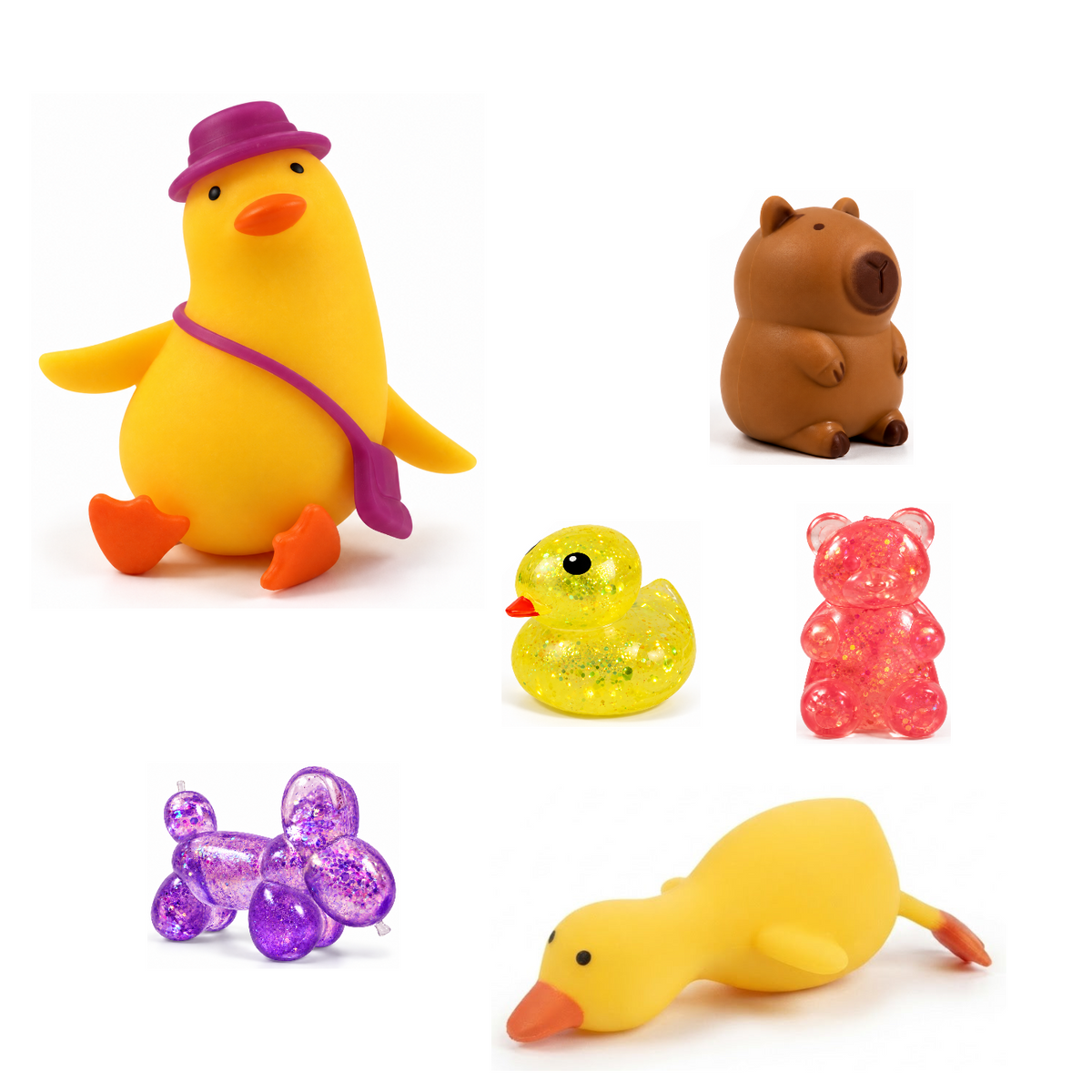 Squishy Box Animal Lover Grande Amarillo / Morado / Rosado — productos originales sobre fondo blanco