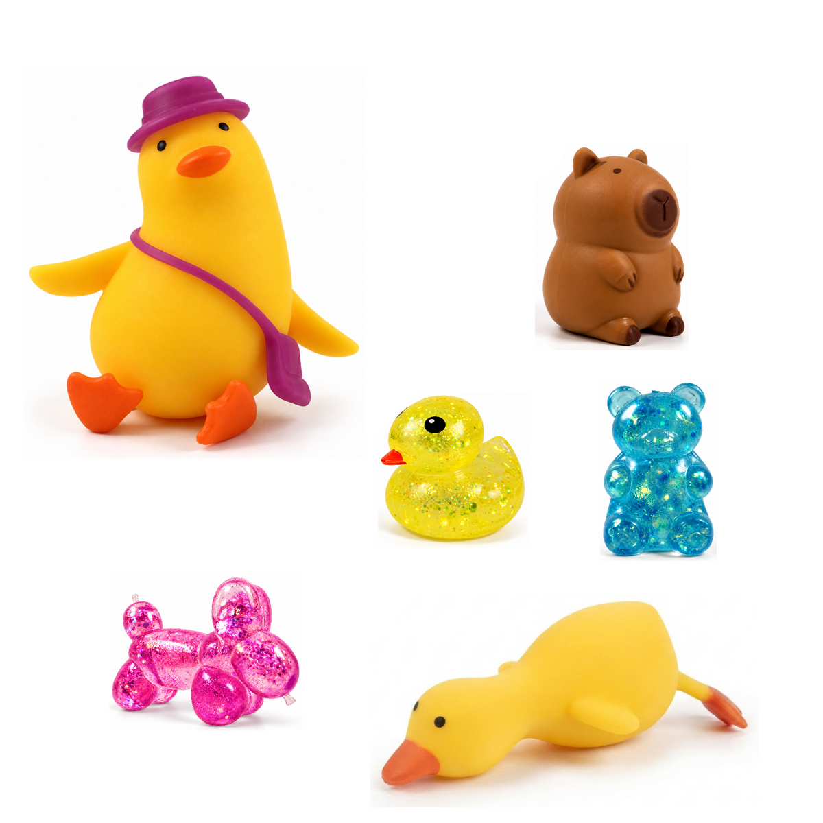 Squishy Box Animal Lover Grande Amarillo / Rosado / Azul — productos originales sobre fondo blanco