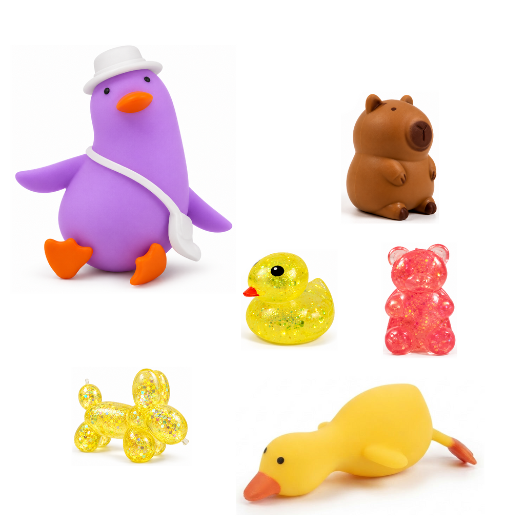 Squishy Box Animal Lover Grande Morado / Amarillo / Rosado — productos originales sobre fondo blanco