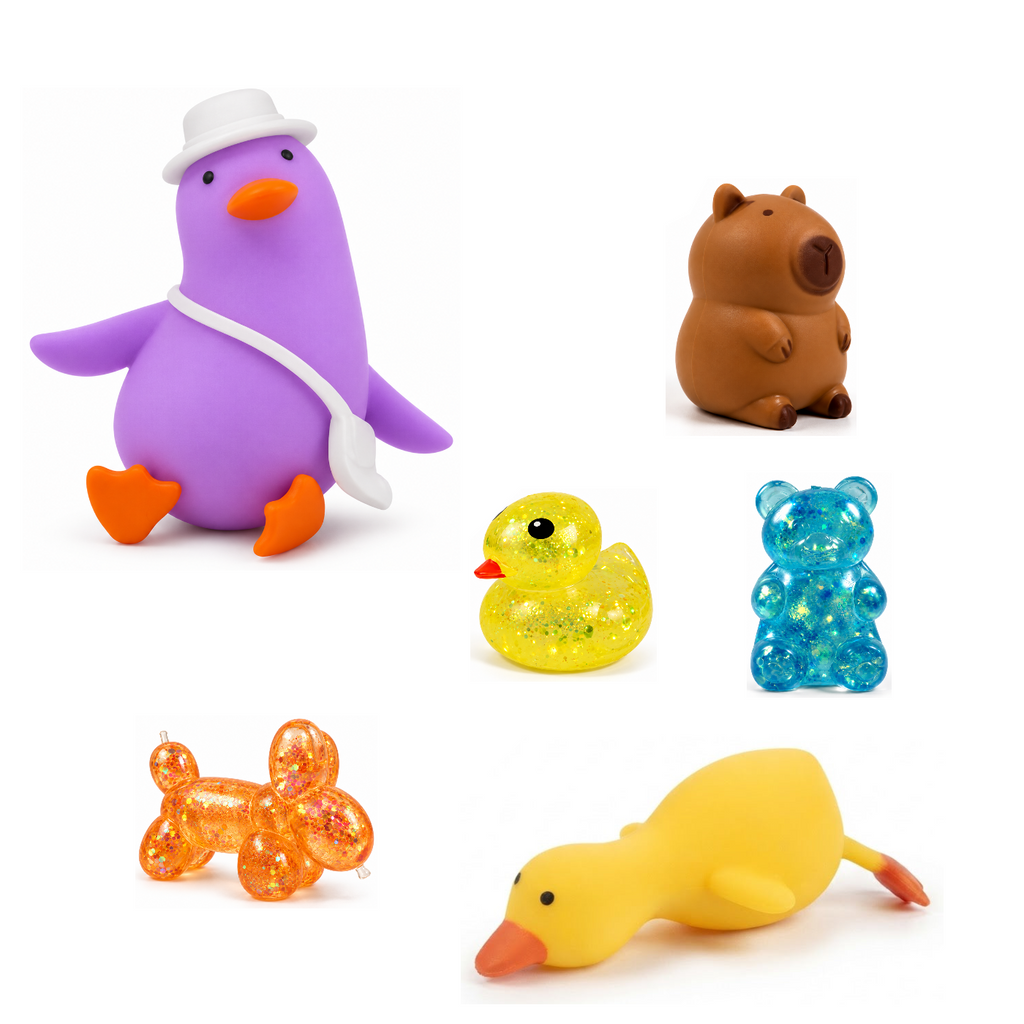 Squishy Box Animal Lover Grande Morado / Naranjo / Azul — productos originales sobre fondo blanco