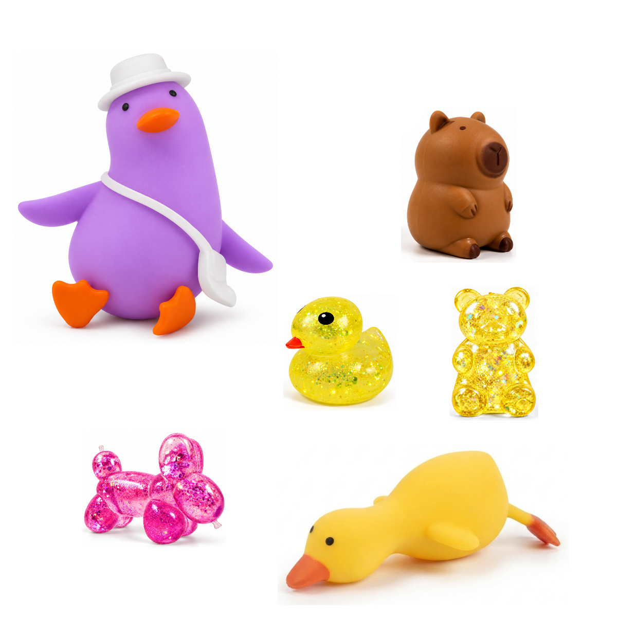 Squishy Box Animal Lover Grande Morado / Rosado / Amarillo — productos originales sobre fondo blanco