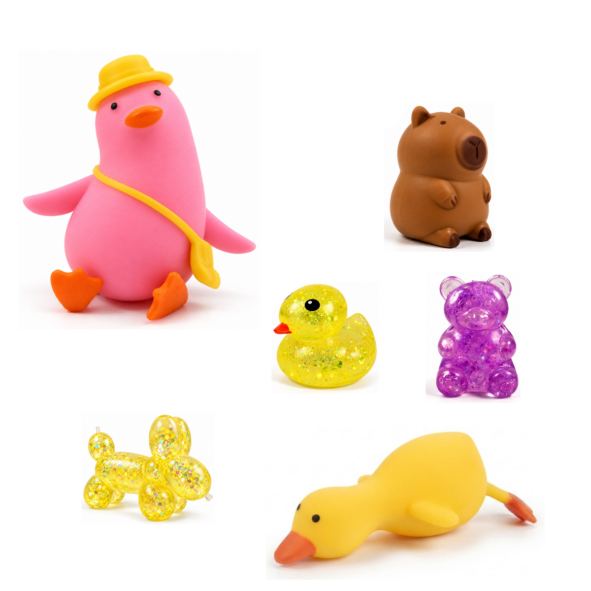 Squishy Box Animal Lover Grande Rosado / Amarillo / Morado — productos originales sobre fondo blanco