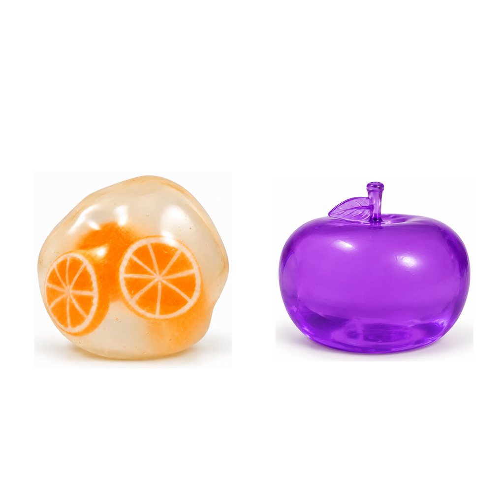 Squishy Box Dúo Frutas Naranja / Morado — productos originales sobre fondo blanco