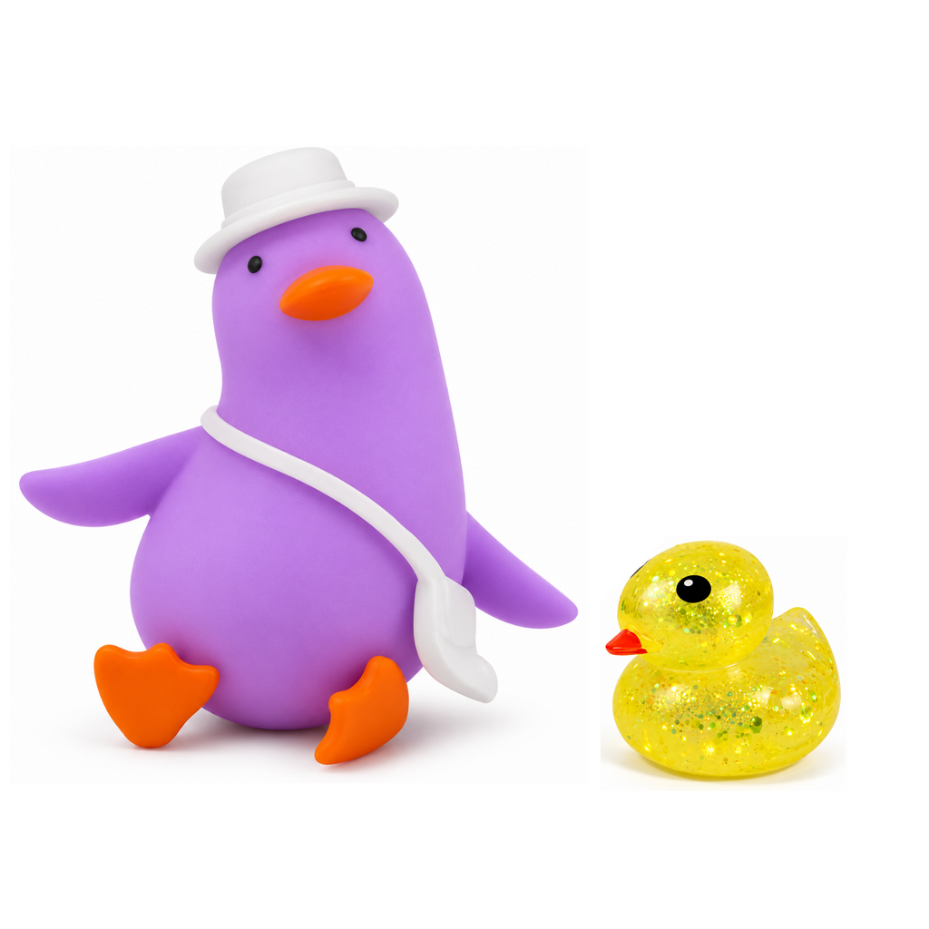 Squishy Box Dúo Patitos Morado / Amarillo — productos originales sobre fondo blanco