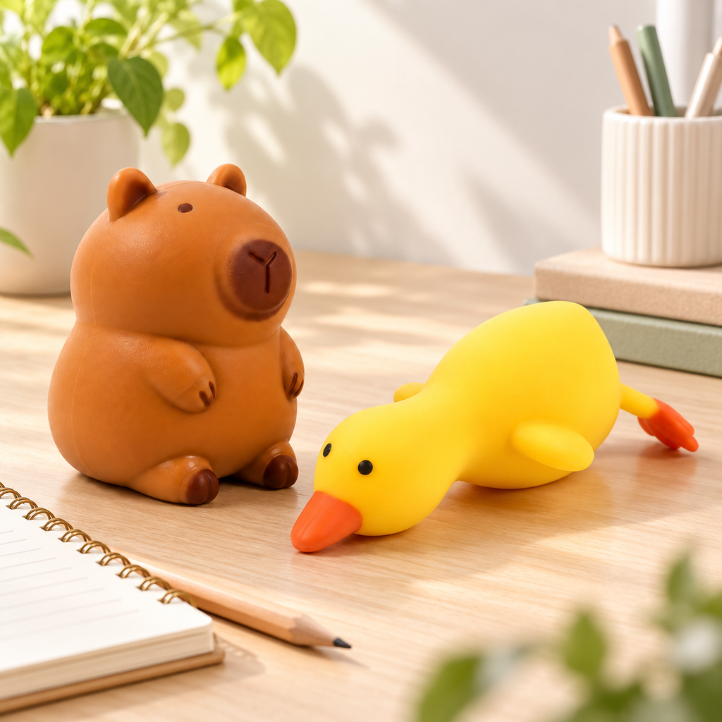 Squishy Box Mini Duo: capibara y patito en un escritorio, sin deformar